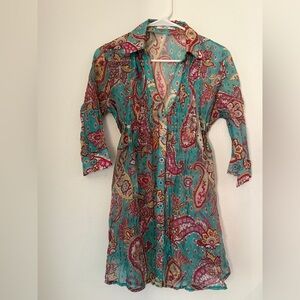 OBOE PAISLEY TUNIC/MINI BOHO HIPPIE SEXY CHIC BUTTON FRT TAB SLEEVES & TAB HEM S
